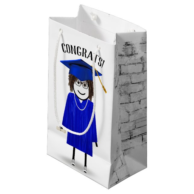 Petit Sac Cadeau Stick Girl Graduate avec Casquette bleu et diplôme (Devant Angle)
