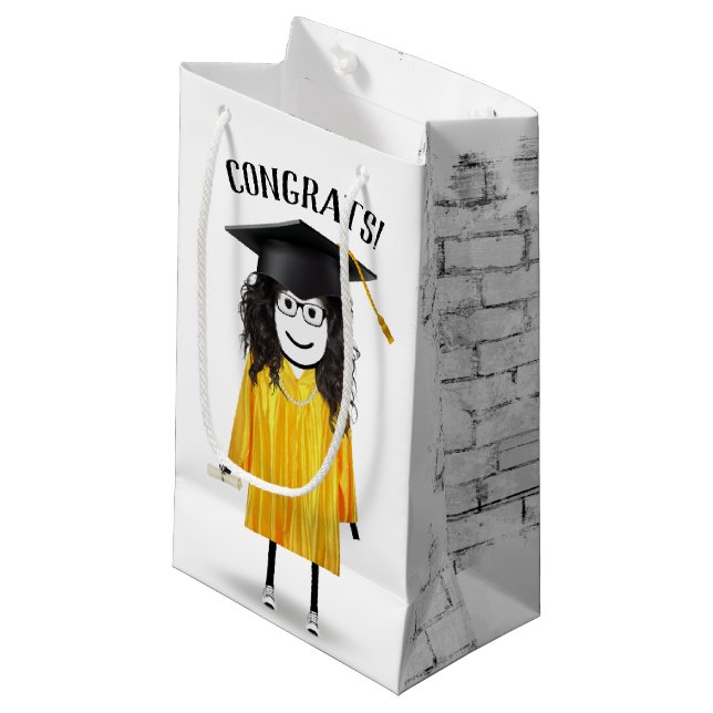 Petit Sac Cadeau Stick Girl Graduate avec Casquette noir et diplôme (Devant Angle)