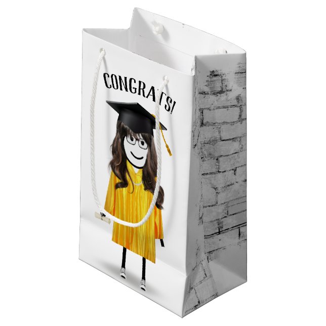Petit Sac Cadeau Stick Girl Graduate avec Casquette noir et diplôme (Devant Angle)