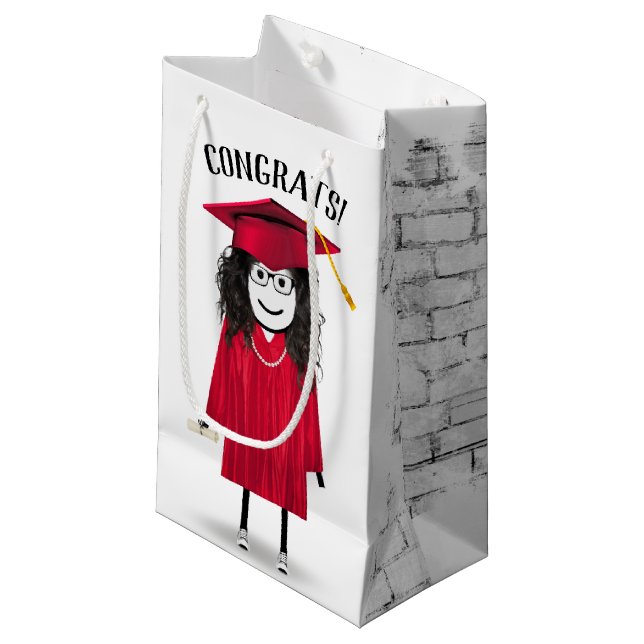 Petit Sac Cadeau Stick Girl Graduate avec Casquette rouge et diplôm (Devant Angle)