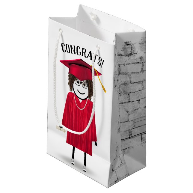 Petit Sac Cadeau Stick Girl Graduate avec Casquette rouge et diplôm (Devant Angle)