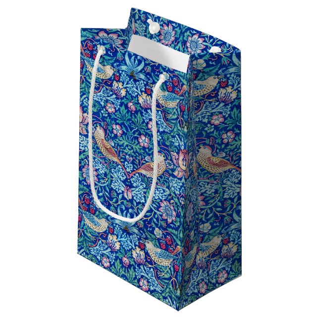 Petit Sac Cadeau Strawberry Thief Blue, William Morris (Devant Angle)