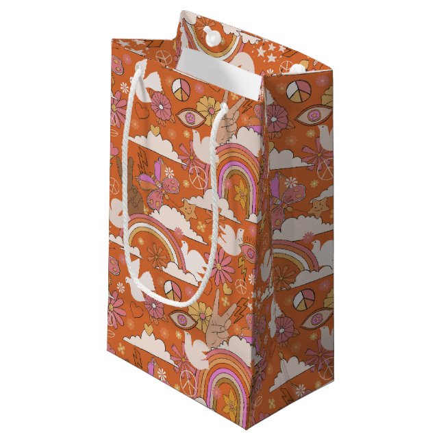 Petit Sac Cadeau Super les années 70 rétro Hippie Paix Orange Bohèm (Devant Angle)