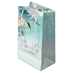 Petit Sac Cadeau Sweet sixteen Floral Sparkles ID Turquoise912