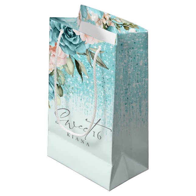 Petit Sac Cadeau Sweet sixteen Floral Sparkles ID Turquoise912 (Devant Angle)