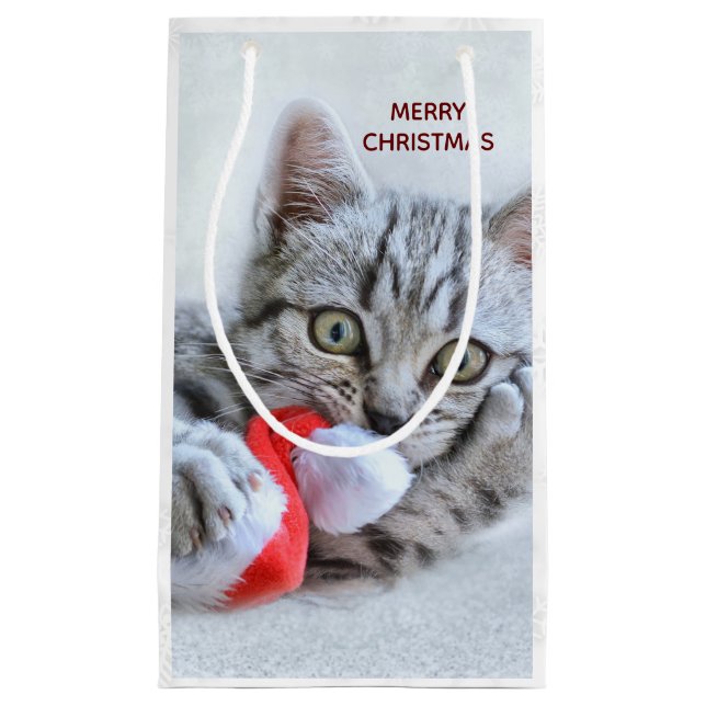 Petit Sac Cadeau Tabby gris mou Chat avec Noël Casquette (Devant)
