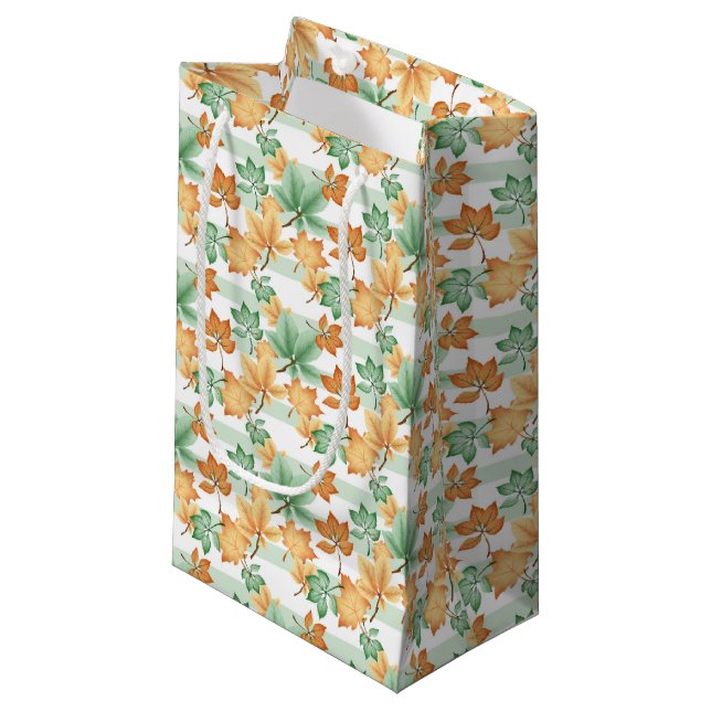 PETIT SAC CADEAU TAN BROWN GREEN FALL AUTUMN LEAVES (Devant Angle)