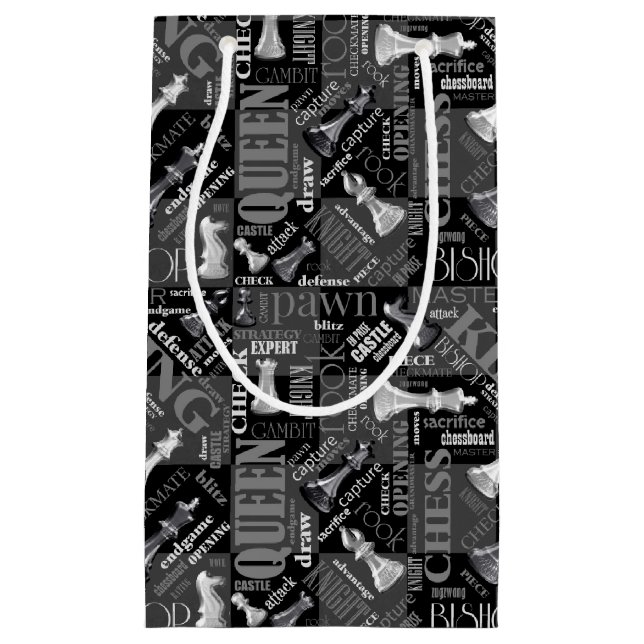 Petit Sac Cadeau Termes et pièces d'échecs noir et blanc ID784 (Devant)