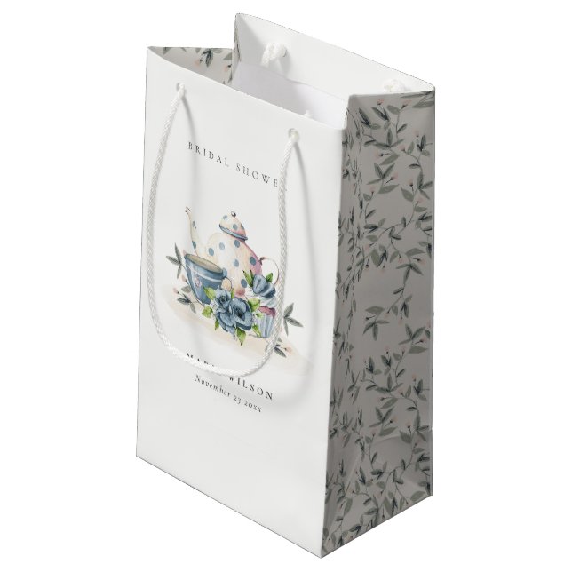 Petit Sac Cadeau Théière et tasses bleues aqua mignonnes florales S (Dos Angle)