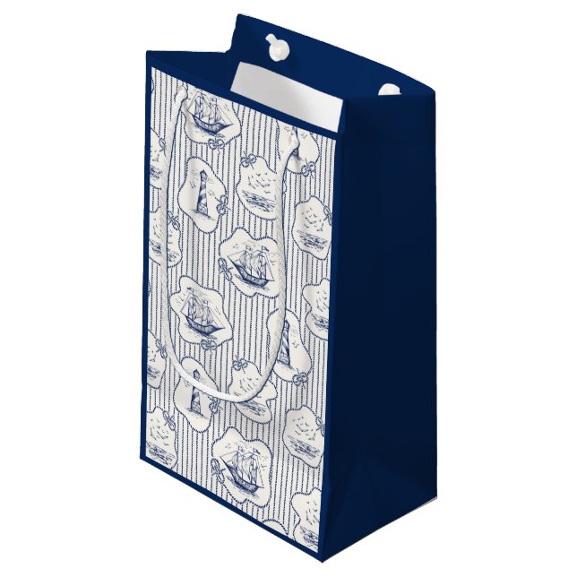 Petit Sac Cadeau Thème marin Bleu Bleu Blancs Phare (Devant Angle)