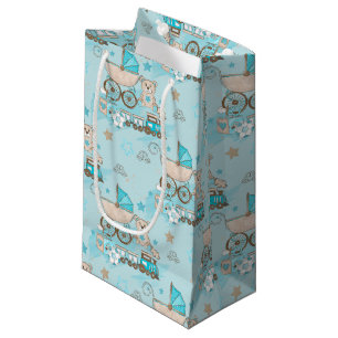 PETIT SAC CADEAU TRAINS BÉBÉ BLEU & TAN BÉBÉ GARÇON PRAM BEAR