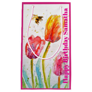 Petit Sac Cadeau Tulipe Rouge Rose Fleur Aquarelle Anniversaire Fem