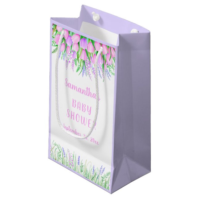 Petit Sac Cadeau Tulipes roses de Lavande Florale baby shower (Devant Angle)