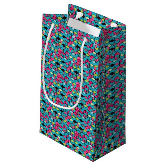 Petit Sac Cadeau Turquoise et motif rose de cube (Dos Angle)