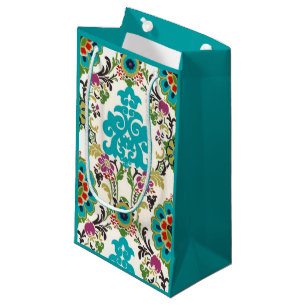 Petit Sac Cadeau Turquoise florale de prune de motifs de damassé