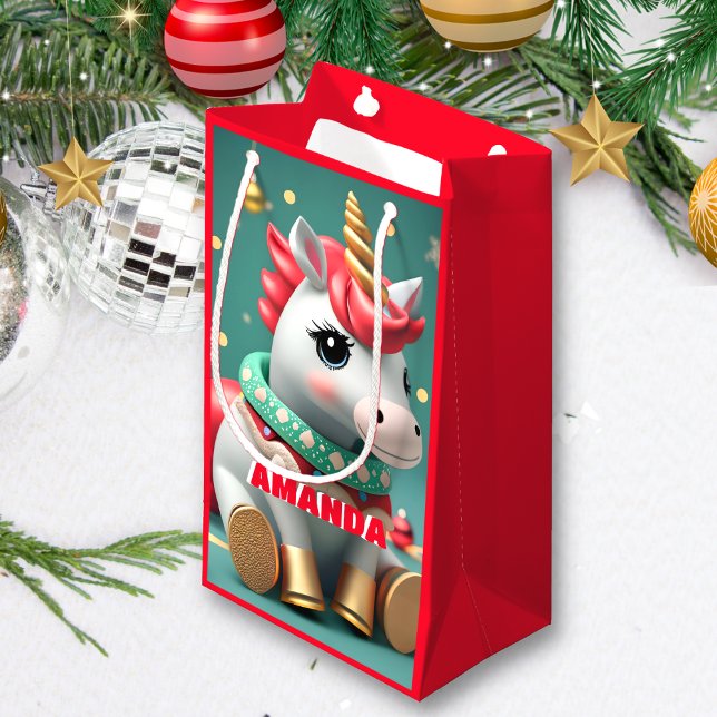Petit Sac Cadeau Unicorne Noël Personnalisé Enfants Rouge (Créateur téléchargé)