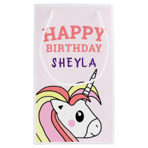 Petit Sac Cadeau Unicorne rose mignonne Joyeux Anniversaire Nom Pet