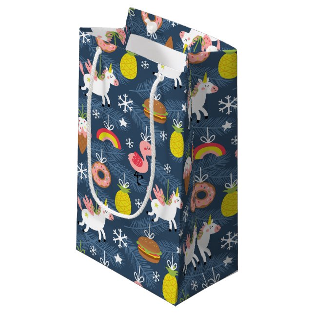 Petit Sac Cadeau Unicornes de Noël amusants et Flamants roses Motif (Devant Angle)