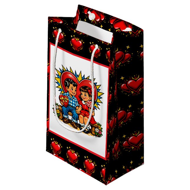Petit Sac Cadeau Valentine's Day | Retro Pop Art Boy and Girl (Devant Angle)
