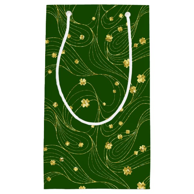 PETIT SAC CADEAU VERT AVEC LIGNES D'OR MINCE & SHAMROCKS VERTS (Devant)