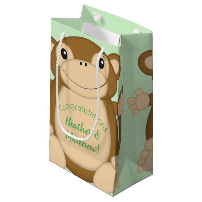 Petit Sac Cadeau Vert Baby shower singe (Devant Angle)