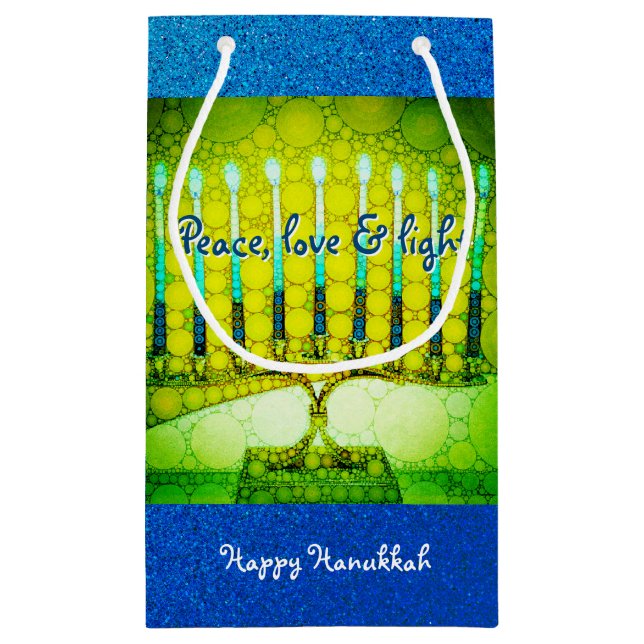Petit Sac Cadeau Vert Bleu Paix Amour Lumière Hanoukka Menorah Bold (Dos)