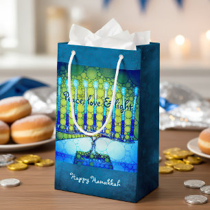 Petit Sac Cadeau Vert Bleu Paix Amour Lumière Hanoukka Menorah Bold