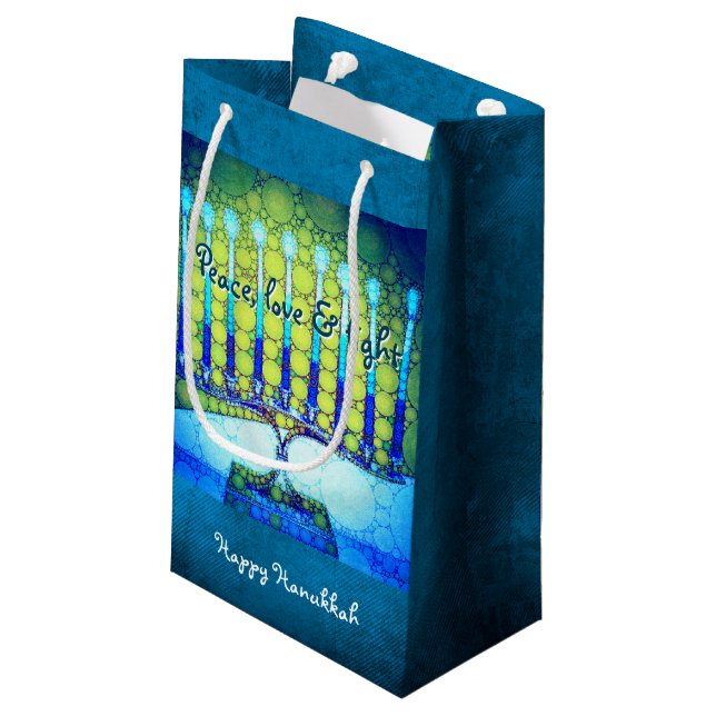 Petit Sac Cadeau Vert Bleu Paix Amour Lumière Hanoukka Menorah Bold (Dos Angle)