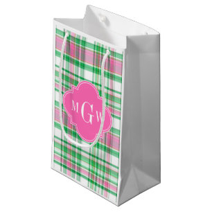 Petit Sac Cadeau Vert Emeraude Rose Chaud Blanc Madras Prépa Monogr