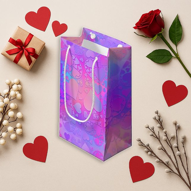 Petit Sac Cadeau Vibrant Pink Holographic Heart Pattern Design (Créateur téléchargé)