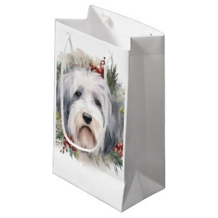 Petit Sac Cadeau Vieux anglais Sheepdog Christmas Wreath Festive Pu