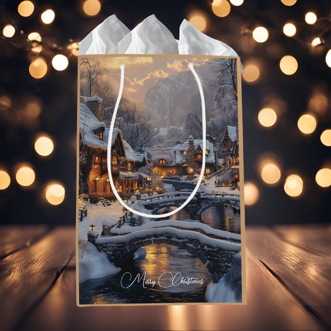 Petit Sac Cadeau Village de Noël d'hiver Lune (Créateur téléchargé)