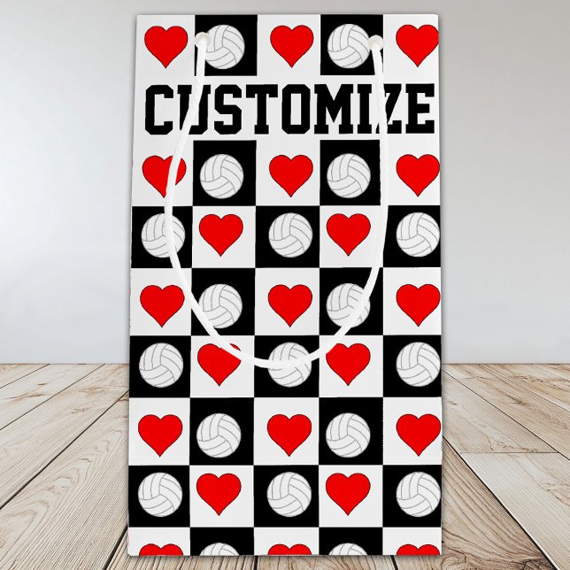 Petit Sac Cadeau Volleyballs & Coeurs Joueur Personnalisé Nom/Fille (Custom volleyball gift bag with personalized player name or text.)