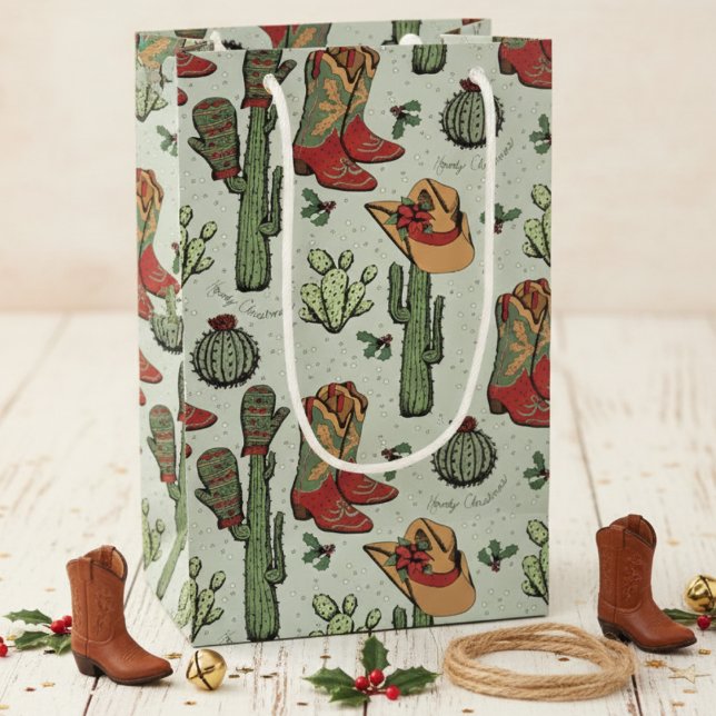 Petit Sac Cadeau Western Cowboy Noël rouge et vert (Country Western Cowgirl Howdy Christmas Gift Bags. Sage Green Rustic Rodeo Xmas Cowboy Boots & Cacti)