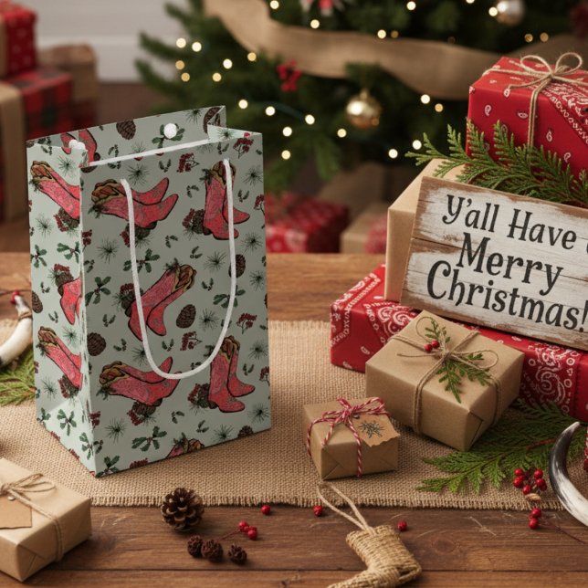 Petit Sac Cadeau Western Cowgirl Noël rose et vert (Sage Green Western Christmas Pink & Red Cowgirl Boots, Pinecones & Berries. Cute Rustic Boot Pattern)