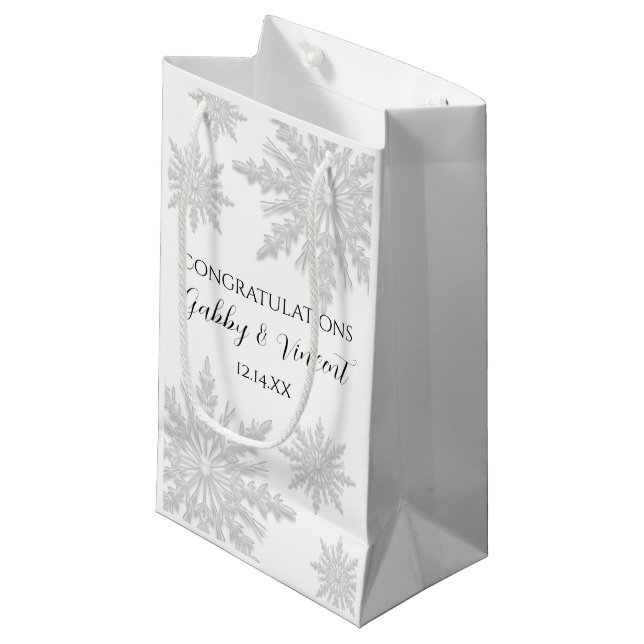 Petit Sac Cadeau White Winter Snowflakes Mariage Félicitations (Devant Angle)