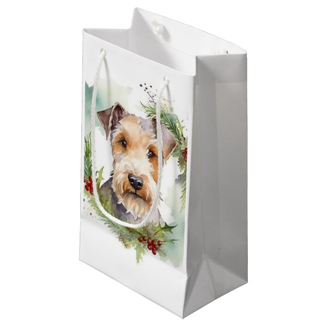 Petit Sac Cadeau Wirefox Terrier Festive de Noël Wreath Pup (Devant Angle)