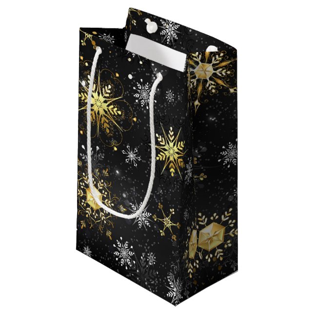 Petit Sac Cadeau Xmas Golden Snowflakes on Black Background (Devant Angle)