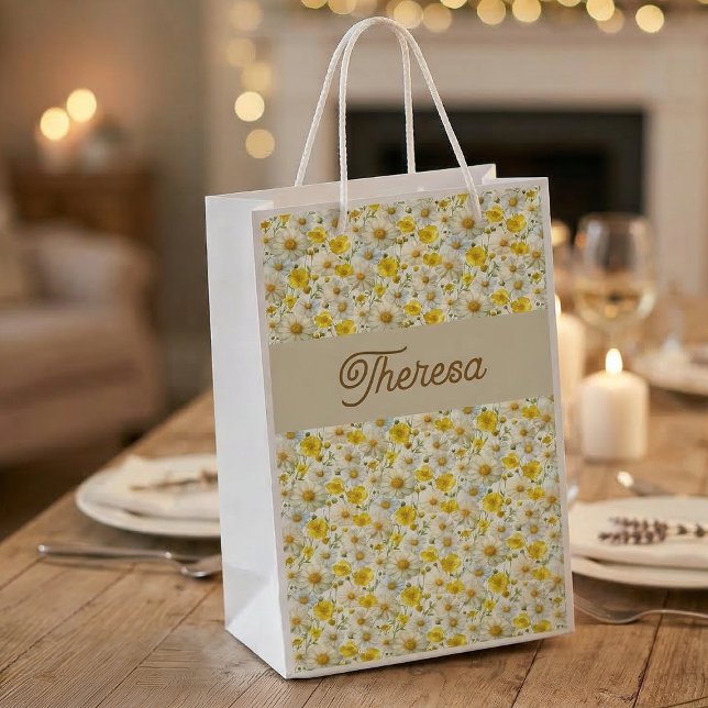 Petit Sac Cadeau Yellow Wildflowers Pattern Monogram Name (Créateur téléchargé)