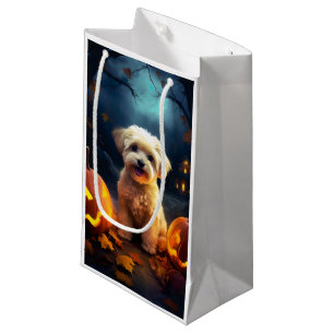 Petit Sac Cadeau Yorkipoo d'Halloween avec citrouilles effrayant