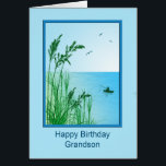 petit-son Birthday Sea Fishing<br><div class="desc">Une belle scène de pêche en mer. Une magnifique carte d'anniversaire pour un petit-fils qui aime la pêche, ou qui aime juste la mer. De grandes herbes encadrent une vue sur un océan calme avec un petit bateau et un homme qui pêche. Le verset intérieur a la chance du pêcheur...</div>