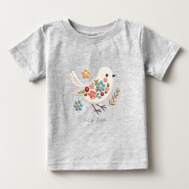 Petit T-Shirt Bébé Fleur Oiseau Blanc (Devant)