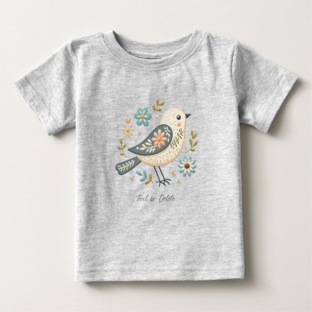 Petit T-Shirt Bébé Fleur Oiseau Vert (Devant)