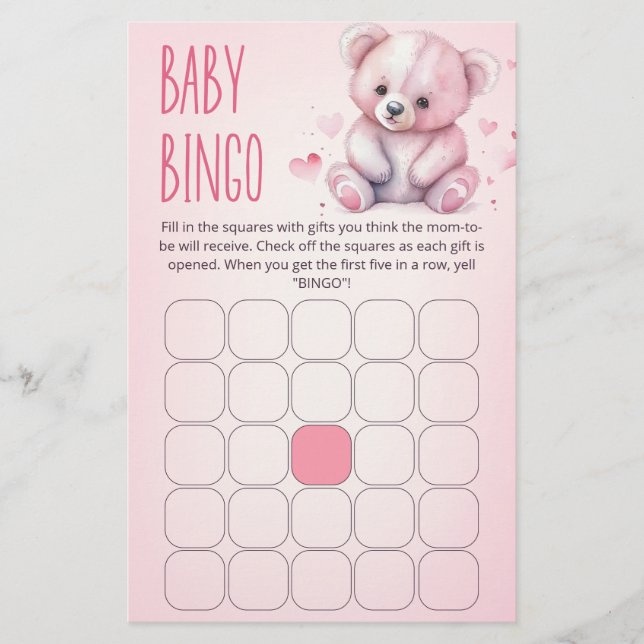 Petite amoureuse ours Baby shower jeu de bingo (Devant)
