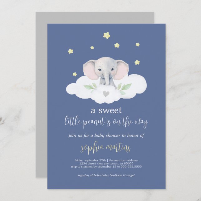 Petite Baby shower d'arachide Invitation Blue Elep (Devant / Derrière)