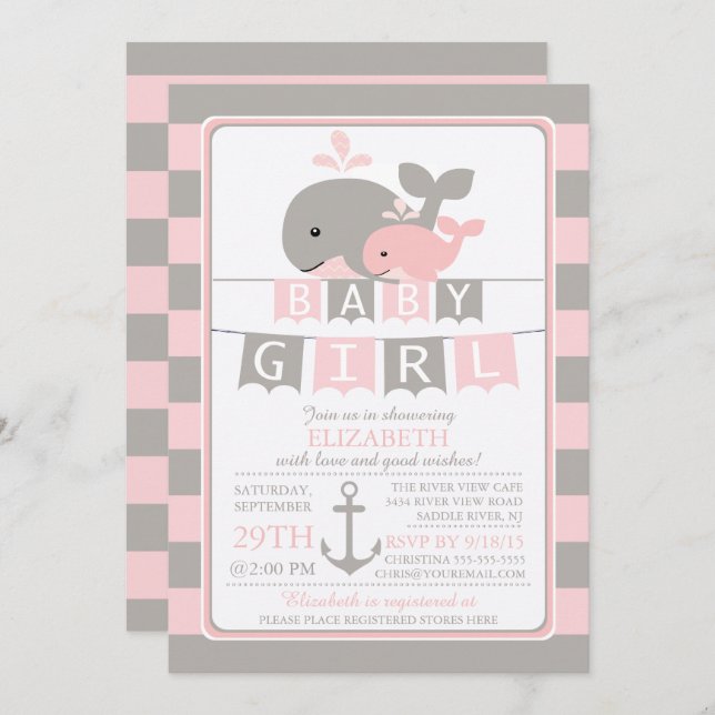 Petite baleine Baby shower fille Invitation (Devant / Derrière)