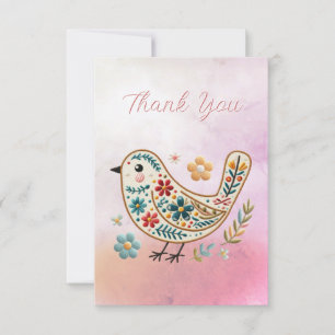 Petite broderie florale d'oiseaux Carte de remerci