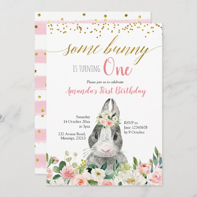 Petite Bunny Printemps Floral Invitation Anniversa (Devant / Derrière)