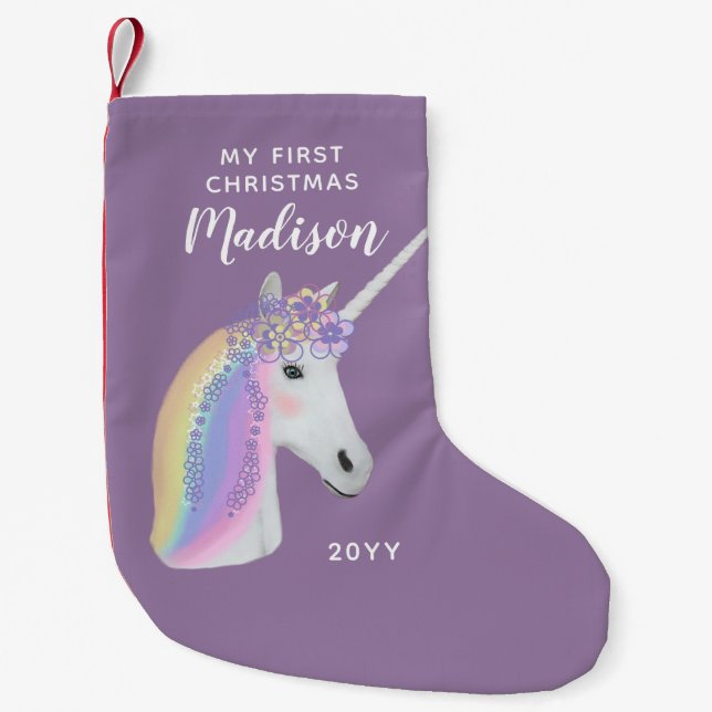 Petite Chaussette De Noël 1er Noël Baby Girl Purple Unicorn Nom (Devant)