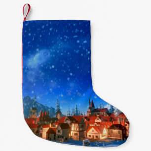 Petite Chaussette De Noël 3d illustration du petit village alpin à l'aube. S